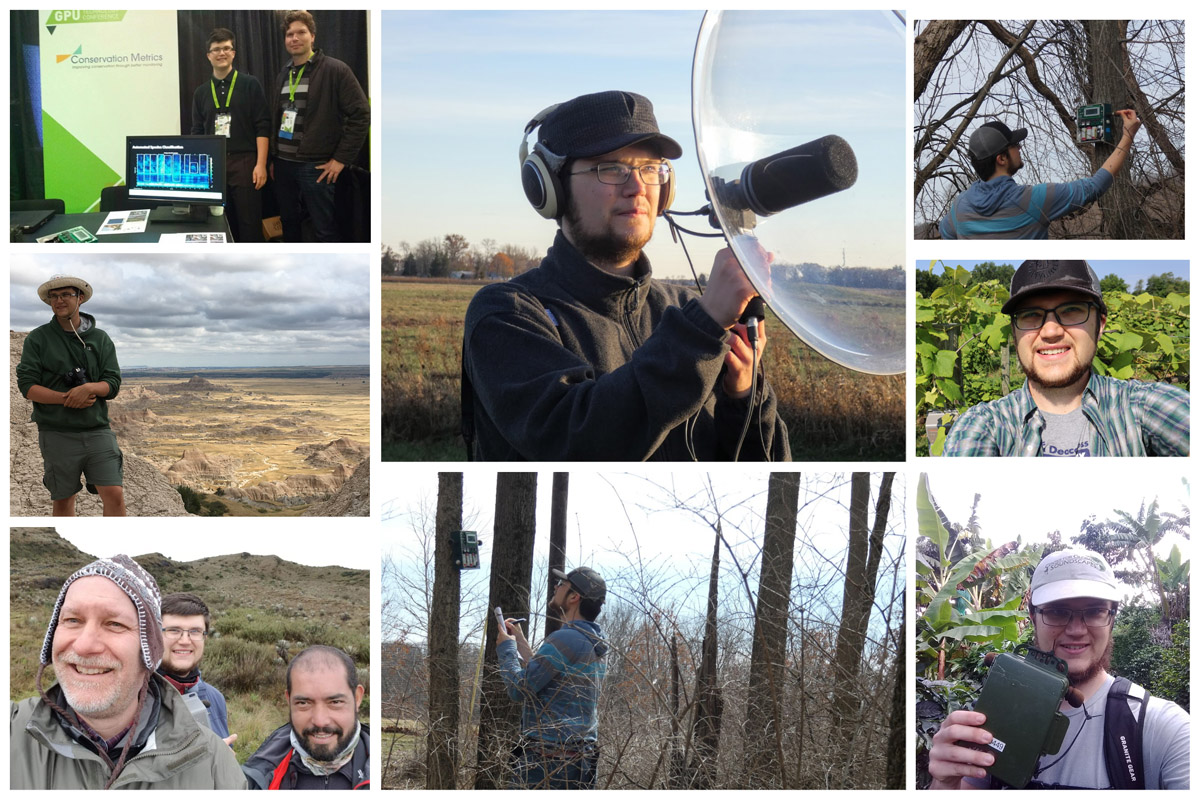 Clockwise from Top Left: David Savage and colleague David Klein present for Conservation Metrics Inc. at the 2016 Nvidia developers conference; David Savage with a parabolic microphone; David Savage tests microphone response on a Wildlife Acoustics Song Meter 2 acoustic sensor at Purdue Wildlife Area in Indiana; David Savage deploys a Wildlife Acoustics Song Meter 3 at Dulcius Vineyard in Indiana; David Savage retrieves a Wildlife Acoustics Song Meter 4 acoustics sensor from a coffee plantation in Colombia’s Risaralda Department; David Savage records information about a Wildlife Acoustics Song Meter 2 acoustic sensor at FNR’s Lugar Farm in Indiana; David Savage, Dr. Bryan Pijanowski, and Dr. Oscar Laverde prepare to deploy a sensor in the Paramos of Chingaza National Park, Colombia; David Savage at Badlands National Park, on his way from California to Indiana to start at Purdue.