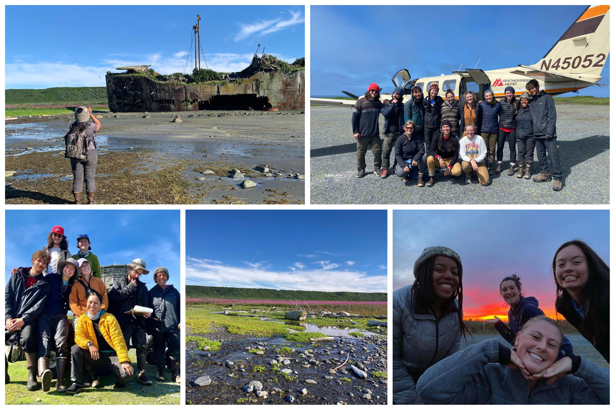 Clockwise from upper left: Gabby Dennis birding at the U.S.S. Coldbrook shipwreck; Gabby with the Middleton Island crew; Gabby with colleagues in front of a sunset; a view from a hike on the island; Gabby with her Middleton Island colleagues.