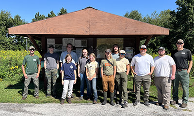 The FNR 465 class with alumni Zack DeYoung and Robert Brickman at LaSalle Fish and Wildlife Area