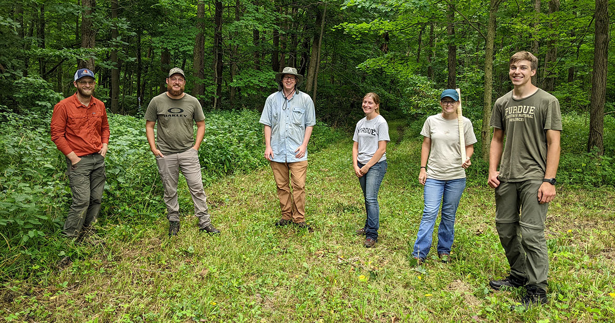 FNR forestry staff and students: assistant forester Stephen Volz, assistant property manager Clayton Emerson, summer employees Noah Ehmen and Summer Brown, and forestry interns Lauren Laux and Russell Duke. 