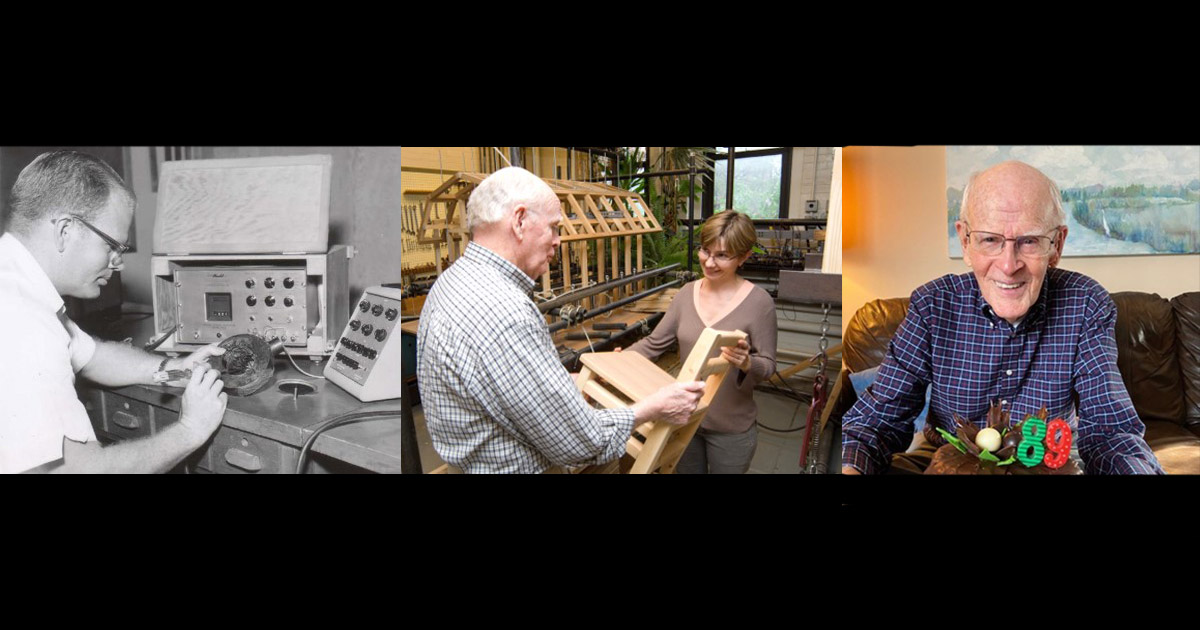 Professor emeritus Carl Eckelman works in the wood lab, pictured with Dr. Eva Haviarova, and on his 89th birthday. 