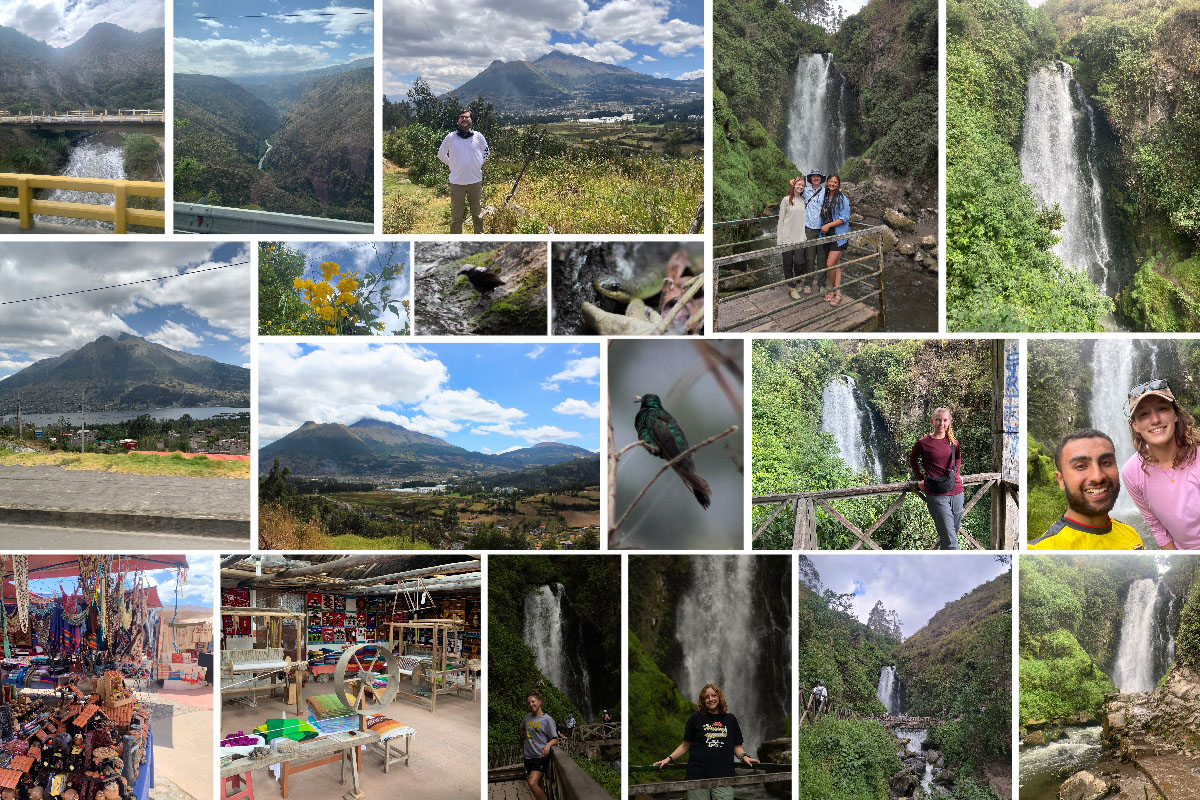 A collage of images from the Andean Highlands. Row 1: water passes under a bridge; a river runs through a mountain-side landscape; Nate Pingel stands with the mountains in the background; Ruby Sanders and Anne Talbot stand with another student in front of a waterfall; a waterfall near Otavalo. Row 2: A blue sky with bright white clouds float over a mountain view; yellow bell flowers (Tecoma stans); a white-capped dipper; a snake slithers past a rock.   Row 3: A landscape view of mountains; a Sparkling Violetear; Allison Schimpf stands in front of the water fall; Audrey Heckel poses in front of the waterfall with another student. Row 4: A market in Otavalo; a textile market in Otavalo; students stand in front of the waterfall; a zoomed-out view of the waterfall and surrounding area; the base of the waterfall empties into the stream below. 