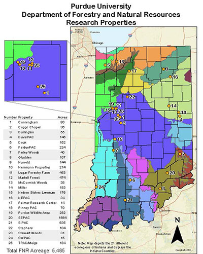 A map of the FNR research properties in Indiana