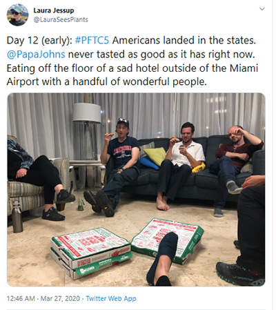 Jessup Twitter post, Day 12 made it to hotel in Maimi.