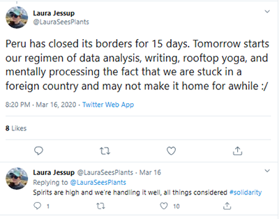 Jessup Twitter post, Peru closed borders for 15 days.