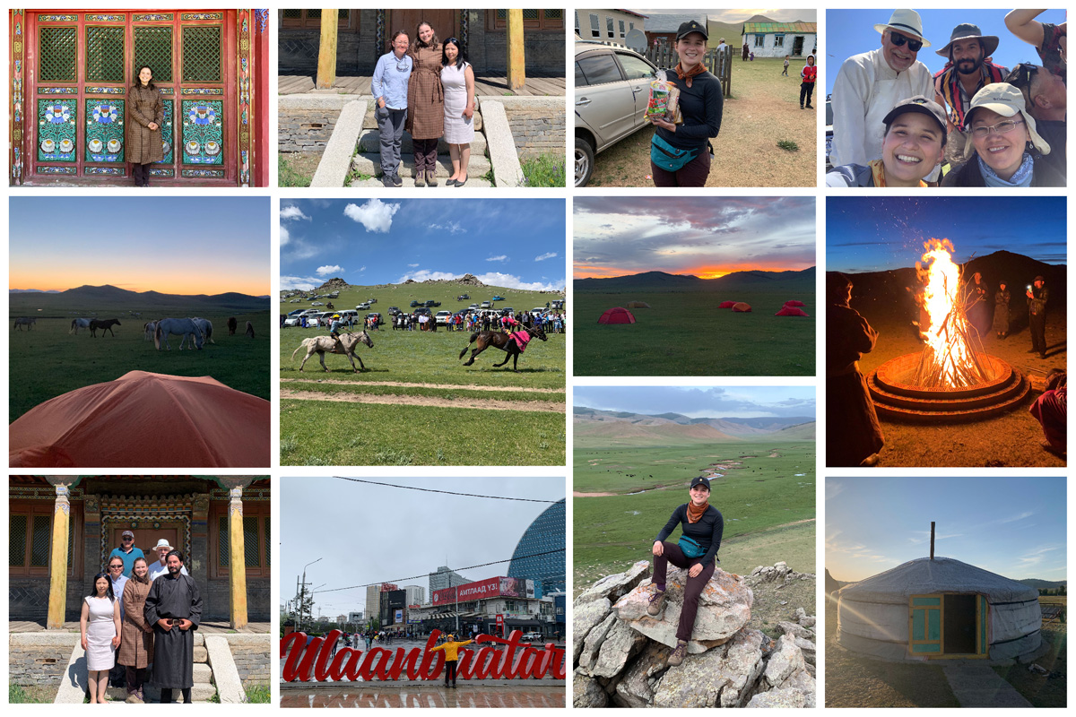 PhD student Sam Lima in Mongolia: (top row left to right) - Lima wearing a tradition deel at a music performance; Lima with two Mongolian scientists; Lima with the raffle prize she won on Mother and Children's Day; the research team while watching wrestling at Naadam; second row (L to R): horses right outside Lima's tent; horse races at Naadam celebration; the team's basecamp in Bayangol; the bonfire after the team's community workshop; bottom row (L to R): the team at the musical event they recorded; Lima in Ulaanbaatar, Mongolia's capital before field work began; Lima in front of the landscape during field work; Lima's ger at the camp