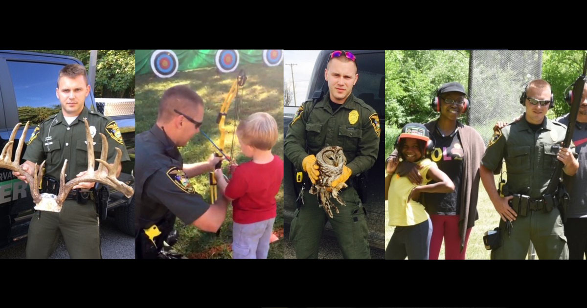 Nathan Lutz as an Indiana conservation officer: with a pair of antlers, assisting a child shooting a bow, holding an owl, and with a family at a shooting range.