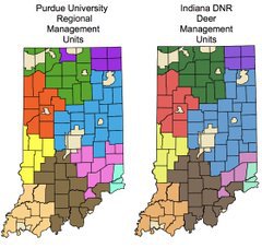 Two maps Purdue and deer units, Indiana Deer Management Project.