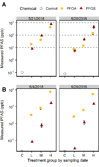 Graphic showing measured concentrations of PFOS and PFOA (± SD) in sediment (A) and water (B) at two sampling times. Dashed lines in Panel A show nominal PFAS sediment concentrations that were targeted for the three. The x-axis shows treatment levels, where C = control, L = low, M = medium, and H = high concentrations.