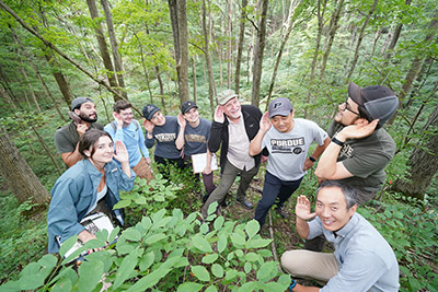 NASA Tippecanoe Soundscapes study field team in the lab’s classic “Are you listening?” pose. Shown (from left) are Gabby Krochmal, Francisco Rivas Fuenzalida, Aubrey Franks, Ruth Bowers-Sword, Samantha Lima, Bryan Pijanowski, Jinha Jung, David Savage and Jingjing Liang.