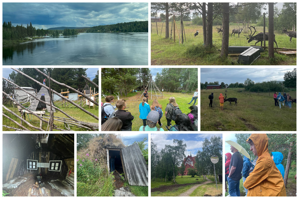 Sámi living museum: Row 1 - a view of the lake; a herd of reindeer; Row 2 - historic buildings on site; the group with a guide; up close with the reindeer; Row 3 - house interior; historic Sami house; an old church; students in rain gear