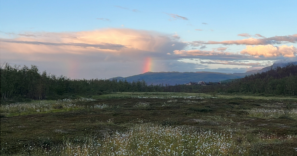 A photo of the Swedish landscape including a rainbow in the distance