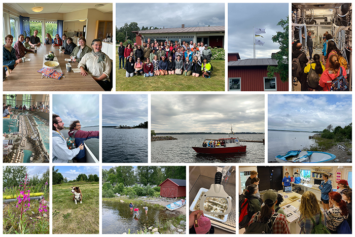 Photos from Day 6 of the Sweden Study Abroad trip. From left: people sit around a table in a home; the 2023 Sweden study abroad group at Umea Marine Research Station; the flag for Umea University; students stand around a man in the Umea research station; Row 2 - students stand around a model of the Swedish waterways; students point out landmarks while on a boat; water with a landmass jutting out; students on a boat; a lake with a boat sitting on the shore; Row 3 - a flower; a dog; students standing in a pond in front of a bard; a view of marine life under microscope; students stand around a table listening to a member of the Umea research staff. 