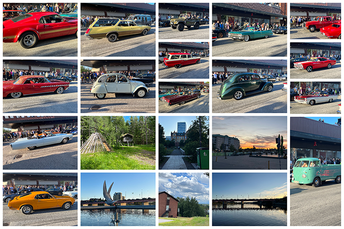 Scenes from the parade of classic American cars; also photos of the landscape, a sunset, a bird taking off from a bridge, and of the river with a bridge spanning its width.