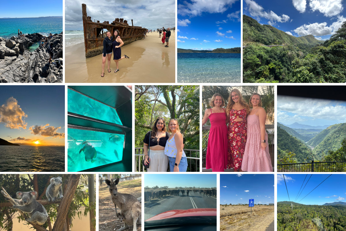 Photos from Lauren's trips to Noosa, K'gari Island, Green Island and through the Outback: Top row: A fairy pool in Noosa; Lauren with a U.S. friend at a shipwreck on K'gari Island; Lake Mckenzie on K'gari Island; the Kuranda Scenic Railway. Row 2: A sunset in Whitsundays; View through a glass bottom boat; Lauren and an American friend pose in front of trees; Lauren with friends from the UK and Germany; view from the KSR train. Row 3: koalas in a sanctuary; a kangaroo and joey; cows blocking the road in the Outback; a no-gas sign in the Outback; the Kuranda skyrail. 