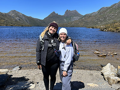 Lauren and a friend before their hike in the Cradle Mountains of Tasmania