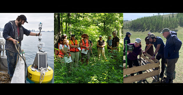 Illinois-Indiana Sea Grant's Ben Szczygiel with Chuoy the buoy; the Natural Resources Teachers Institute at the Hardwood Ecosystem Experiment; Drs. Bryan Pijanowski and Jingjing Liang with their team doing the can you hear me sign in the forest