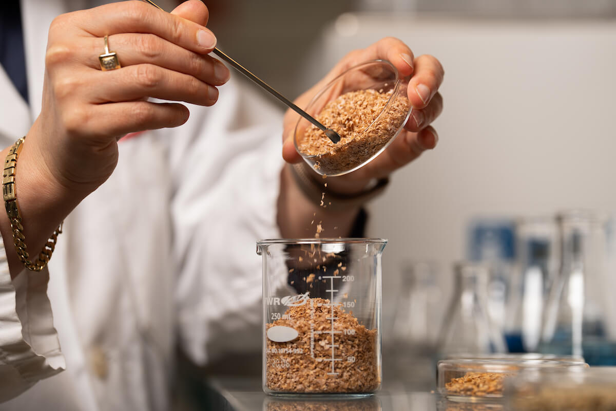 person measuring grains in a beaker