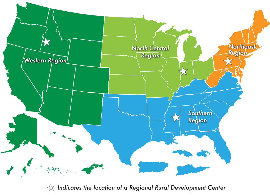 US map identifies the four RRDC regions & locates each Center.