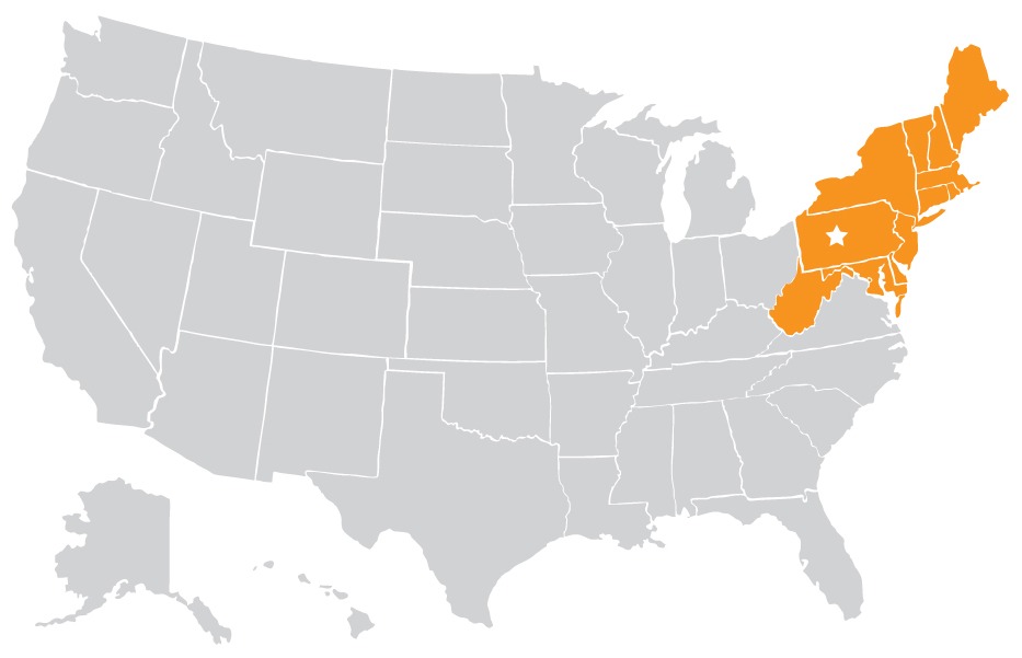 US map highlighting the northeast region 
