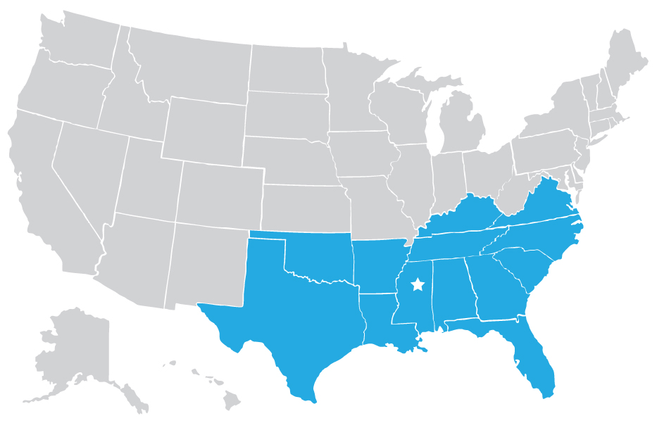 US map highlighting southern rural region