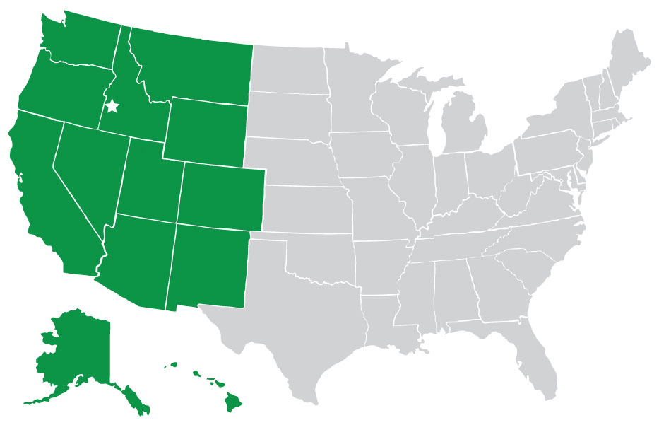 US map highlighting the states on the Western Center for Rural Development