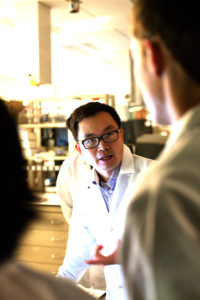 Dr. Deng with students in lab.