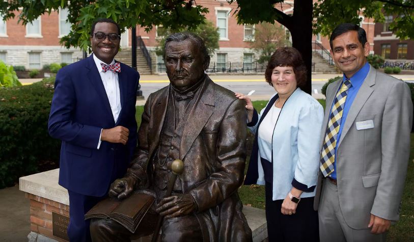 Akinwumi Adesina, Karen Plaut, Glenn W. Sample Dean of the College of Agriculture at Purdue and Indrajeet Chaubey, associate dean and director of International Programs in Agriculture, pose during the Scale Up Conference. 