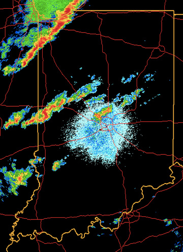 NEXRAD weather radar data, showing thunderstorms (red, yellow, and green) and biological activity (blue cloud at center). 