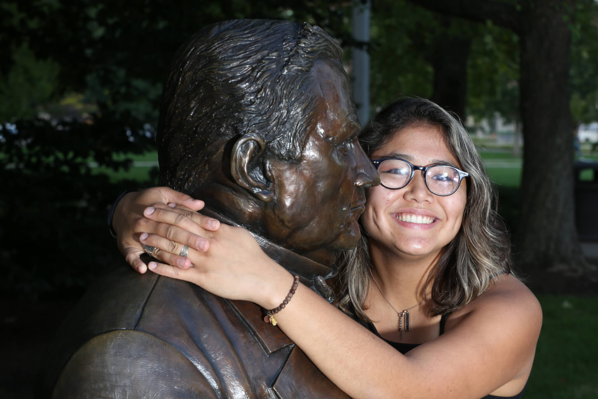 Nira with Purdue statue on campus